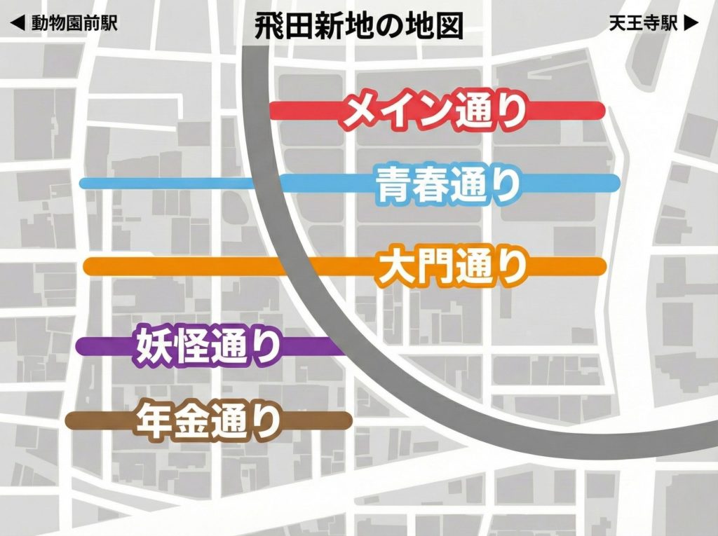 飛田新地の通り
メイン通り・青春通り・大門通り・妖怪通り・年金通り