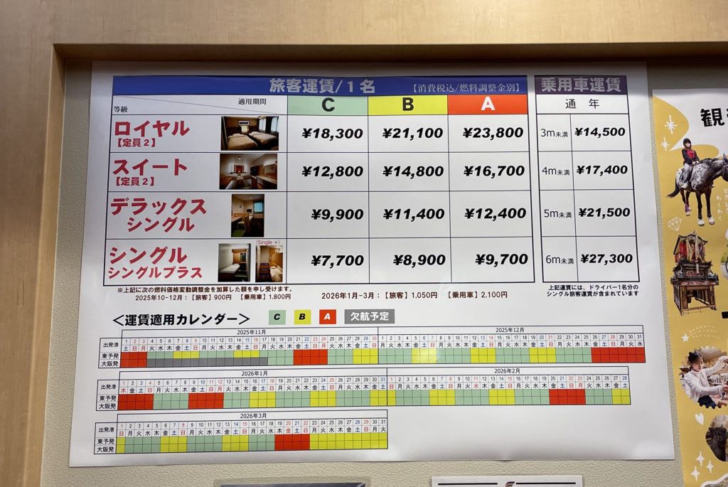 オレンジフェリーの料金表の写真